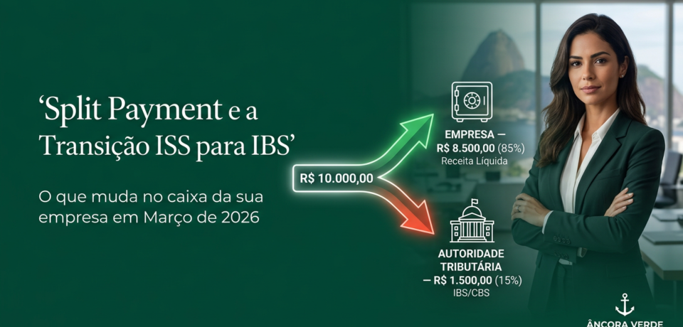Banner profissional sobre Split Payment e a transição tributária para 2026, com infográfico mostrando a divisão automática de receitas entre empresa (85%) e autoridade tributária (15%), tendo ao fundo um escritório no Rio de Janeiro com vista para o Pão de Açúcar e a logo da Âncora Verde Contabilidade.